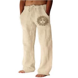 Puimentiua Cotton Linen Pants Men, Summer Beach Pants Loose Fit with Elastic Waist Drawstring