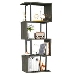 Furologee Geometric Bookshelf 5 Tier Bookcase, Industrial S-Shaped Display Storage Shelf for Small Space, Tall Metal Wood Decorative Standing Shelves for Bedroom, Living Room, Office, Black Oak