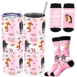 Funnymoom 2 Pack Horse Gifts Set for Women Mom 20 oz Stainless Steel Travel Tumbler with Lid Straw Coffee Mug Novelty Pattern Socks Birthday Mother's Day for Horse Lovers