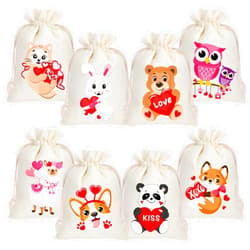 Whaline Valentine's Day Burlap Gift Bags Heart Animal Pattern Drawstring Candy Bags Rustic Linen Pouches Sacks for Wedding Anniversary Bridal Shower Supplies, 4 x 6 Inch 24Pcs