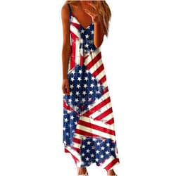 Generic American Flag Sundresses for Women 2024 Star Stripes Patriotic Long Maxi Dress Sleeveless V Neck Beach Dresses
