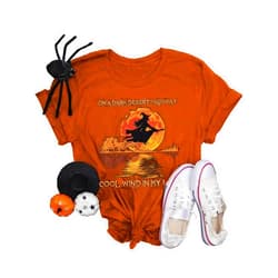 SECETKET Women Halloween Shirts On A Dark Desert Highway Witch Feels Cool Wind in My Hair Bleached Graphic Tees