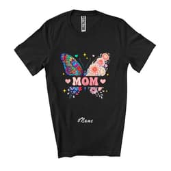 CUTEBUNNYSTORE Personalized Custom Name Mom; Lovely Mother's Day Floral Butterfly; Nature Lover Family Group Unisex T-Shirt