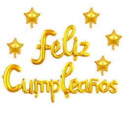 JANSONG Feliz Cumpleanos Balloon Banner Spanish Happy Birthday Banner with 5 pcs Star Balloons Fiesta Party Theme Backdrop for Kids and Adults Golden