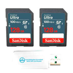 Everything But Stromboli SanDisk (2 Pack) 128GB Ultra SD Memory Card 100MB/s Class 10 UHS-I SDXC (SDSDUNR-128G-GN3IN) Bundle with 1 Everything But Stromboli Multi-Slot Memory Card Reader