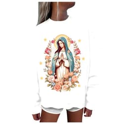 Generic Sweatshirts Women Virgin Mary Graphic 2024 Fall Clothes Oversized Trendy Cute Crew Neck Long Sleeve Shirts