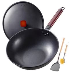 Teewe Carbon Steel Wok -13 Inch Woks & Stir-fry Pans Nonstick, Wok Pan with Lid Spatula and Dish Brush: Pre-Seasoned Flat Bottom Chinese Wok for Induction, Electric, Gas, All Stoves