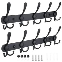TICONN Wall Mounted Coat Rack, Five Heavy Duty Tri Hooks All Metal Construction for Jacket Coat Hat in Mudroom Entryway (Matte Black, 2-Pack)