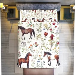 DIPQIMI Vibrant Animal Horse Duvet Cover Set, Soft Colorful Flower Bedding with Zipper Closure, 3-Piece Set with 2 Pillowcases, Twin Size 86