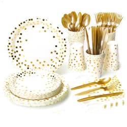 Lzerking Party Supplies Set - 210 Pieces of White and Gold Dot Paper Plates, Cups, Napkins, and Heavy Duty Silverware for 30 Guests for Birthdays, Graduation, Wedding, Festivals
