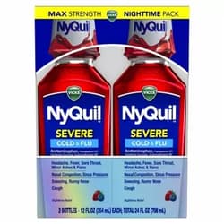 Vicks NyQuil SEVERE, Nighttime Relief of Cough, Cold & Flu Relief, Sore Throat, Fever, & Congestion Relief, Berry Flavor, Twin Pack, 12 FL OZ