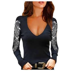 SNKSDGM Cold Shoulder Tops for Women Strappy Scoop Neck Mesh Sheer Long Sleeve Tunic Pullover Rhinestone Sequin Tshirt Blouse Baodan-a278-black X-Large
