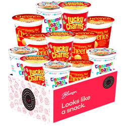 Blunon Cereal Cups Variety Pack - Single Serve Breakfast Cereal Assortment - Honey Nut Cheerios, Lucky Charms, Cinnamon Toast Crunch - Care Package Gift Box (12 Count)
