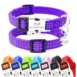 Senristar Personalized Reflective Nylon Cat Collar with Name Phone,Custom Engraved Buckle Cat Collar with Bell,Adjustable for Small Dogs Puppy Kitten (Purple,fit 7.5''-12.0'')