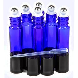 Vivaplex, 6, Cobalt Blue, 10 ml Glass Roll-on Bottles with Stainless Steel Roller Balls - .5 ml Dropper Included