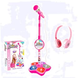 MISS. CHEN 7&7 Kids Karaoke Microphone with Adjustable Stand,Standing Mic for Portable Singing, Retractable Headset for Music Sing-along,Flashing Stage Light Base for Aged 3-6 Boys Girls （Pink）