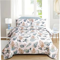 Junsey Beach Bedding Full/Queen Size Lightweight Coastal Bedspreads Ocean Theme,3Pcs Conch Seashell Starfish Quilts Set Nautical Seahorse Coverlet with Pillow Shams（90“x90