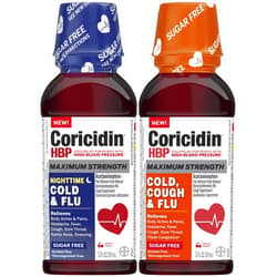 Coricidin HBP Maximum Strength Cold & Flu Day & Night Sugar-Free Liquid Twinpack, Decongestant-Free Cold Medicine for Adults with High Blood Pressure - 24 Fluid Ounces