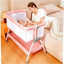 ANGELBLISS Baby Bassinet Bedside Crib with Storage Basket and Wheels, Easy Folding Bed Side Sleeper Adjustable Height Portable Crib for Newborn (Pink)