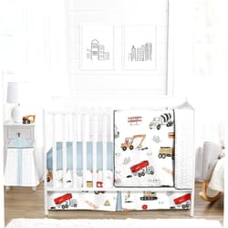 Sweet Jojo Designs Construction Truck Baby Boy Nursery Crib Bedding Set - 4 Pieces - Grey Yellow Orange Red and Blue Transportation Chevron Arrow