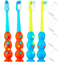 Trueocity Kids Toothbrush 4 Pack - Soft Contoured Bristles - Child Sized Brush Heads (3-10 Year Old) - Suction Cup for Fun & Easy Storage - Girl & Boy Set (Blue & Orange)
