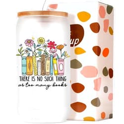 GemsLives Book Lovers Glass Cup Gift - 16oz With Lid and Straw, Coffee Cup for Women, Librarians, and Readers
