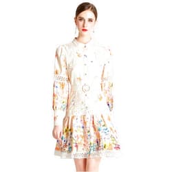 LAI MENG FIVE CATS Women's Round Neck Puff Sleeve Floral Print Casual Swing Mini Dress