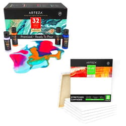 Arteza Acrylic Pouring Paint Set of 32 and Stretched Canvases 12x12 Pack of 8 Bundle, Painting Art Supplies for Artist, Hobby Painters & Beginners