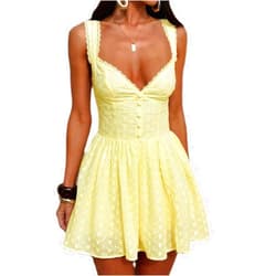 Muineobuka Women Lace Mini Dress Y2K Eyelet Hollow Sleeveless V Neck A Line Short Dress Ruffle Hem Swing Sundress Clubwear