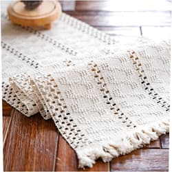 Alynsehom Macrame Table Runner Cream Beige Boho Table Runner with Tassels Hand Woven Cotton Table Runner Rustic Farmhouse Table Runner for Bohemian Kitchen Dining Table(12x95in)