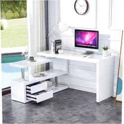 Fulocseny L Shaped Office Desk, Modern Rotating Corner Computer Desk with Storage Drawers, 360 Degree Universal Casters, Workstation for Small Space, White
