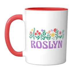 Retro Personalized Girl Name Tees Wildflower Floral ROSLYN First Name Mother's Day Women Ceramic Mug, Red/White
