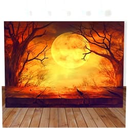 BewFar 8X6FT Halloween Photography Backdrop Brown Moon Wood Floor Scary Scenery Background for Halloween Theme Decor Party Supplies Kids Portrait Photo Booth Studio Prop