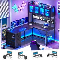 Itaar L Shaped Gaming Desk, Reversible L Shaped Desk with Hutch, Drawers and Power Outlet, Gaming Desk with Led Lights, Pegboard and Storage Shelf, Black