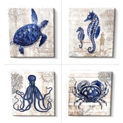 Pinetree Art Bathroom Decor 4 panel Canvas Wall Art - Ocean Theme Canvas Prints Sea Animal Octopus Crab SeaTurtle Seahorse Decor Pictures Livingroom Posters - 12 x 12