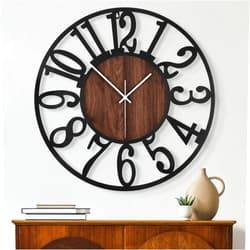 Maxstar Round Wall Clock for Living Room Decor Battery Operated Non Ticking Silent Vintage Black Metal Wood Clocks for Home Living Room Garden Farmhouse Office Kitchen Decoration -13 inch