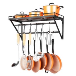 OROPY 23 Inch Wall Mounted Pot Rack Storage Shelf with 2 Tier Hanging Rails 12 S Hooks included, Ideal for Pans, Utensils, Cookware, Plant Black