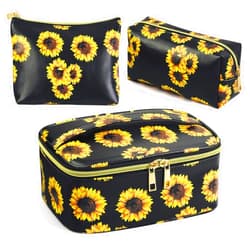 MAGEFY 3Pcs Makeup Bags for Women Portable Travel Cosmetic Bag Waterproof Organizer for Purse with Gold Zipper Cute Toiletry Bags (Sunflower Black)