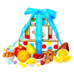 GreatFoods Happy Birthday Fresh Fruit Tower with Peanuts, Cookies, Chocolate Cherries & More Great fruit basket gift for corporate gifting, snack gift basket, gourmet food gifts