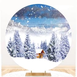 DORCEV Diameter 6.5ft Winter Scenery Round Backdrop Cover White Snowy Mountain Forest Cottage Snowflake Rustic Photography Background for Merry Christmas New Year Birthday Party Circle Background