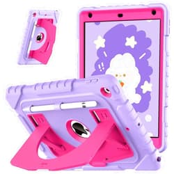 OKP Kids Case for iPad 9th/ 8th/ 7th Generation 10.2 Inch (2021/2020/2019), Heavy Duty 9 8 7 th Gen iPad Protective Cover with Built-in Kickstand, Pencil Holder for Kids Girls Boys, Purple+Hot Pink