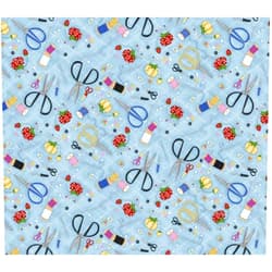 Generic Creative Sewing Tool Cotton Fabric - Light Blue with Scissors and Thread Spools Print - Precut Fabric by The Yard - One Yard