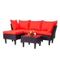FDW Patio Furniture Sets 5 Pieces Outdoor Wicker Conversation Set Sectional Sofa Rattan Chair for Outdoor Backyard Porch Poolside Balcony Garden Furniture with Coffee Table,Red Cushion