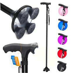 BigAlex Folding Walking Cane with LED Light,Pivoting Quad Base,Adjustable Walking Stick with Carrying Bag for Man/Woman (Alloy Base)