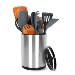 Nigelia Extra Large Kitchen Utensil Holder - 360° Rotating Stainless Steel Cooking Utensil Holder for Countertop, 3 Compartment Flatware Organizer & Utensil Caddy with Removable Base（Silvery）