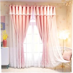 LITTLA Bedroom Double Layer Window Blackout Curtain,Mix and Match Gradient lace Embroidery Blackout Voile Curtain,Grey,Blue Living Room Eyelet Drape Panel,Energy Saving Thermal Insulation Curtain,1Panel