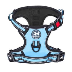 PoyPet No Pull Dog Harness, [Release on Neck] Reflective Adjustable No Choke Pet Vest with Front & Back 2 Leash Attachments, Soft Control Training Handle for Small Medium Large Dogs(Light Blue,L)