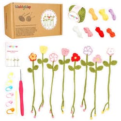 WaldyWop Crochet Kit for Beginners - 8 Flower Bookmarks Crocheting Kit w/Step-by-Step Video Tutorials & Soft Yarn and Hooks - Wobbles Crochet Starter Kit for Adults Kids, Ideal Gifts for Women