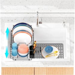 iSPECLE Expandable Sink Dish Drying Rack with Sink Mat - Adjustable Capacity (12.4''-17.1''L) Over The Sink Dish Drainer Drying Rack for Kitchen Counter and Sink, Dish Rack with Utensil Holder, Black
