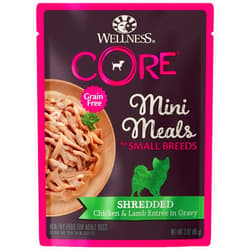 Wellness CORE Natural Grain Free Small Breed Mini Meals Wet Dog Food, Shredded Chicken & Lamb Entrée in Gravy, 3-Ounce Pouch (Pack of 12)